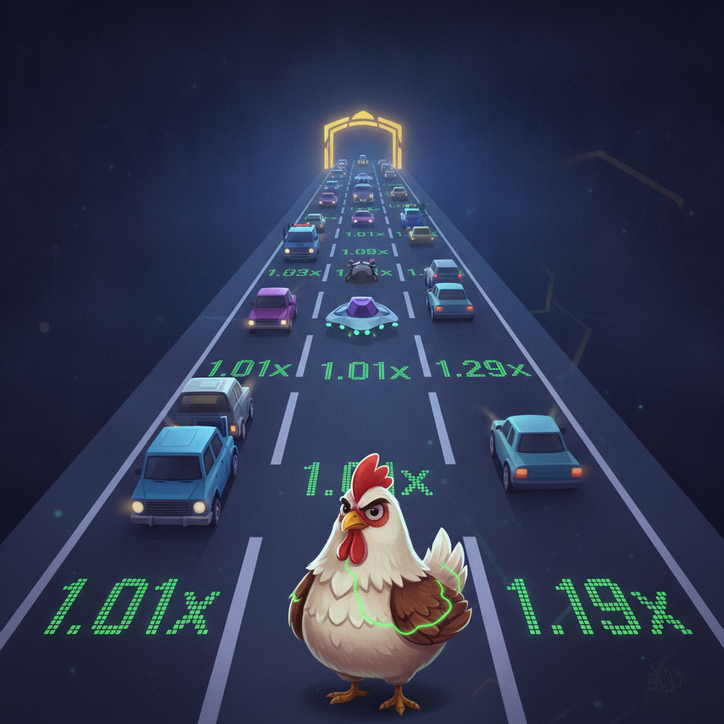 Chicken Road 2 โ รฉcran de jeu avec la poule sur la route ร six voies